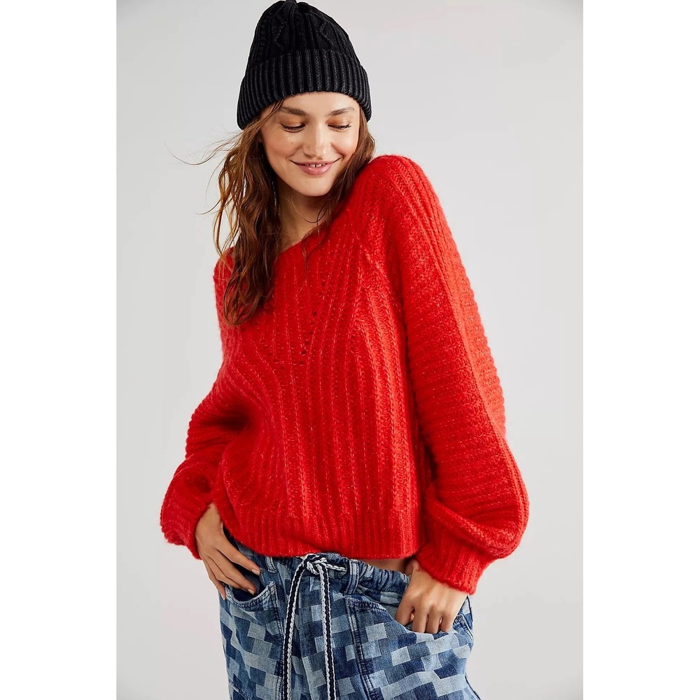 Free People Carter Pullover Sweater Red Balloon Sleeve Slouchy Knit XS